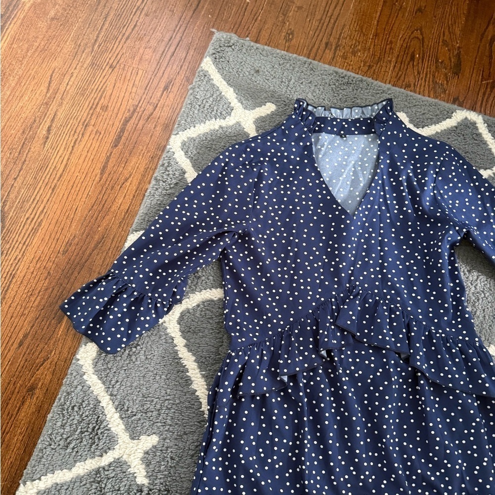 SHEIN Navy/White Polka Dot Print Flounce Sleeve Ruffle Hem Smock Dress - Picture 9 of 13